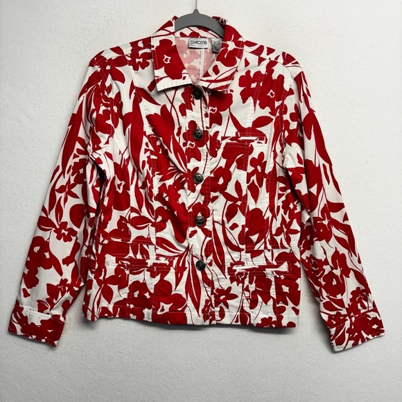 Chico's Jackets & Blazers - Chico's Red White Floral Jacket 1 / Small Cotton Stretch